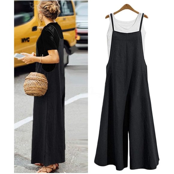 Women Black Casual Loose Long Bib Pants Wide Leg Jumpsuits - Picture 2 of 15